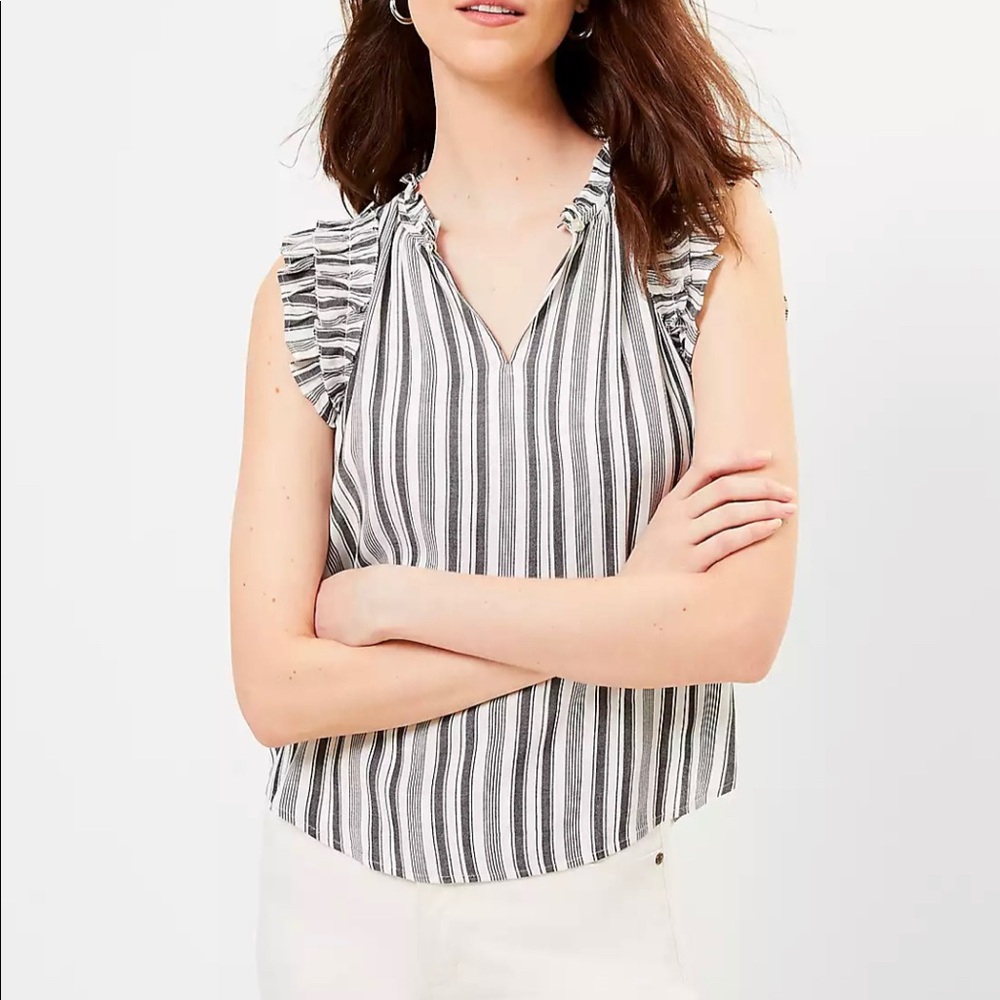 Loft Striped Ruffle Split Neck Shell - image 1